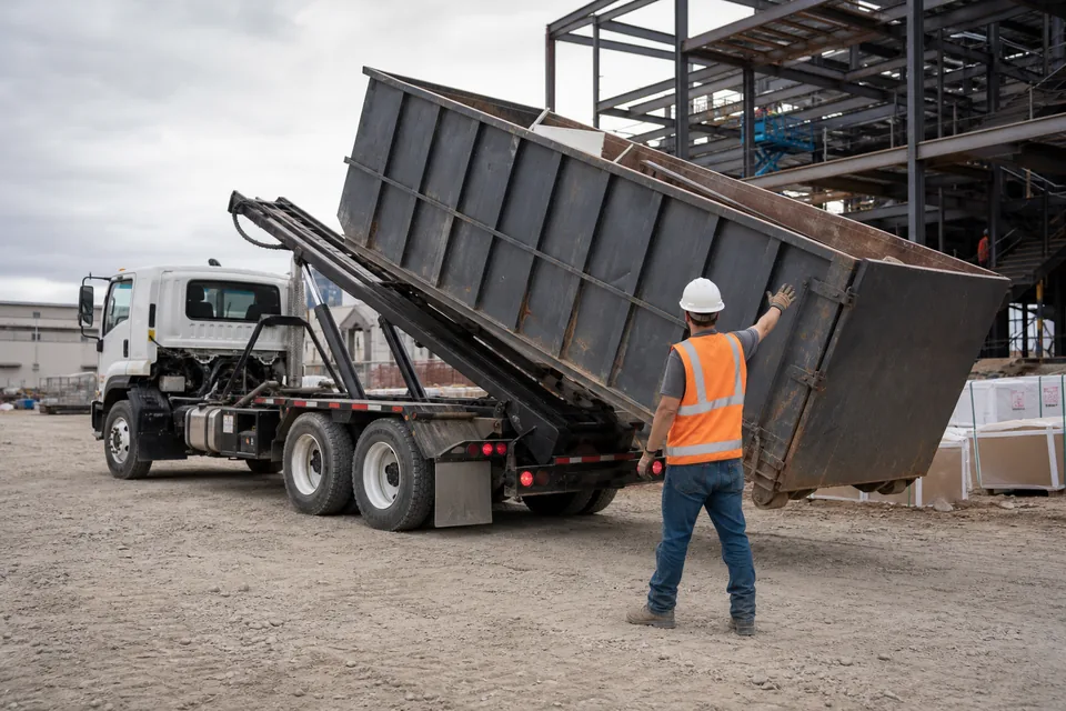 Roll-off truck loading a dumpster container at a job site