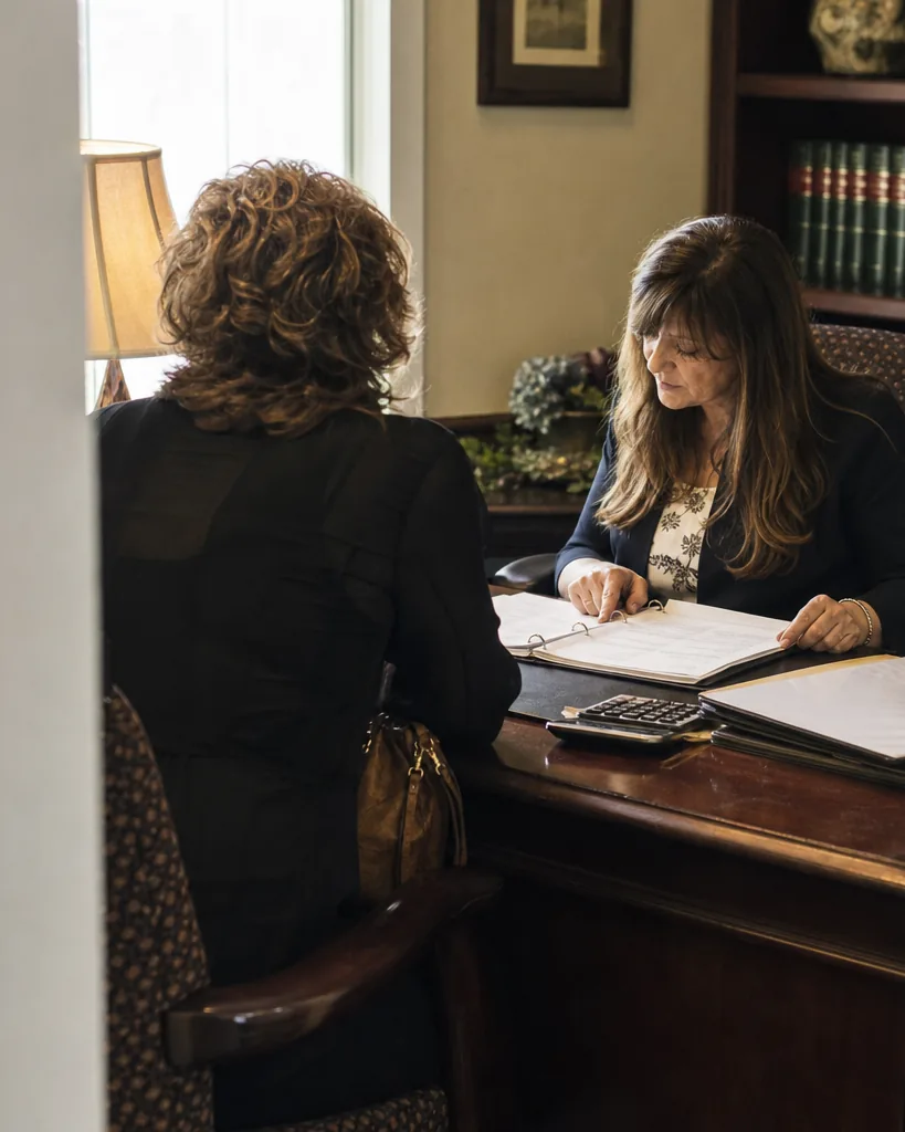 Funeral director going through a binder of contracts with a client at an arrangement desk