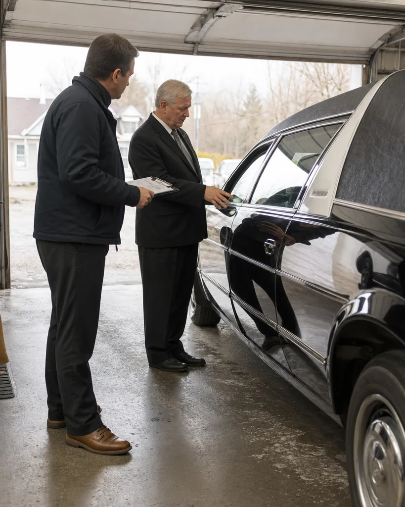 Funeral director showing a prospective buyer the garage and hearse of a small funeral home