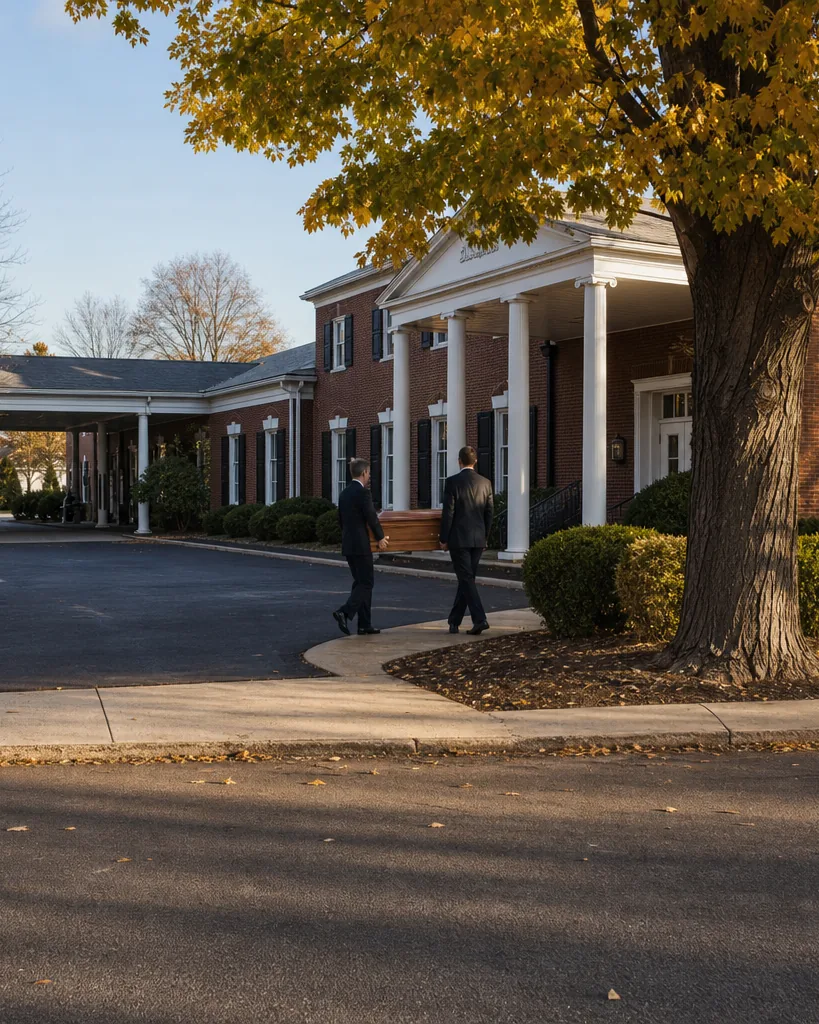 Red brick funeral home building with white columns and a side porte-cochere on a small-town street