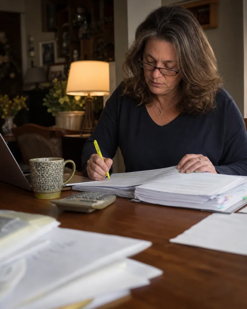 Prospective buyer reviewing an agency's payroll and payer reports at a dining table before making an offer