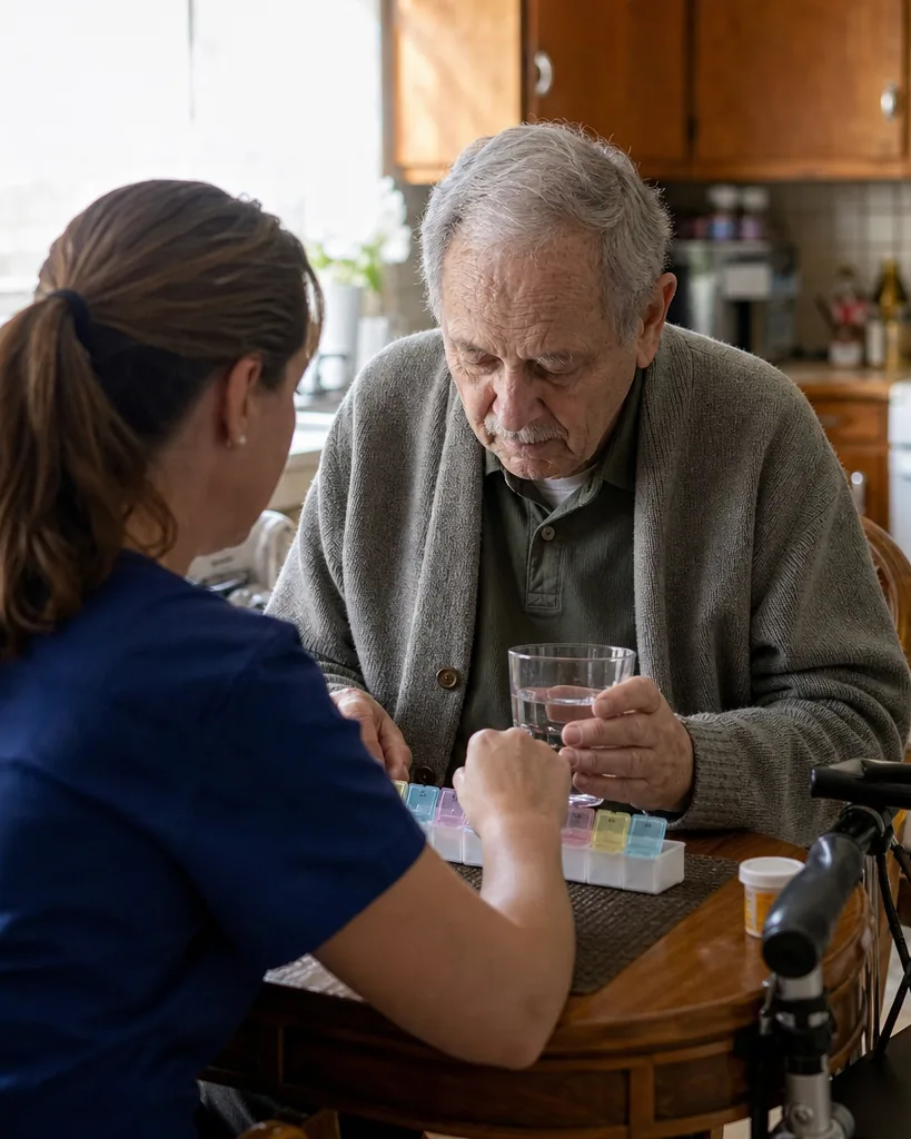 Home care aide helping an older man with his morning medication at a kitchen table in his own house
