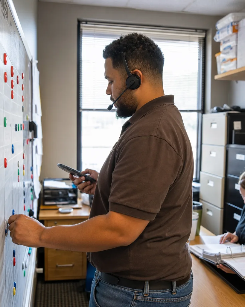 Scheduling coordinator at a home care agency office matching caregivers to client visits on a wall board