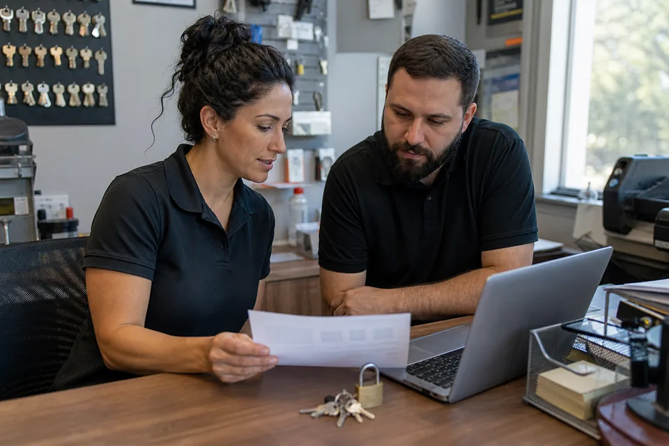 Buyer and seller reviewing a locksmith shop profit and loss statement