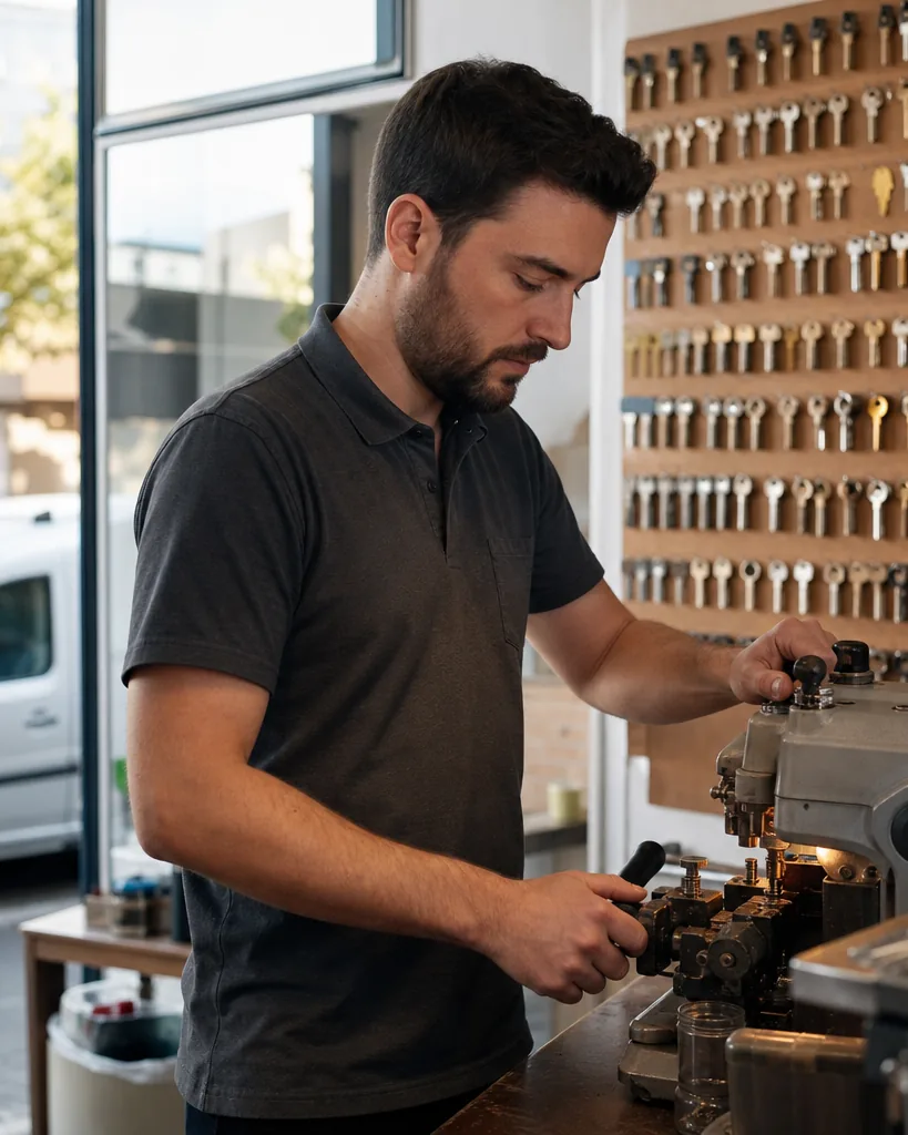 Locksmith owner at a key-cutting machine in a small shop