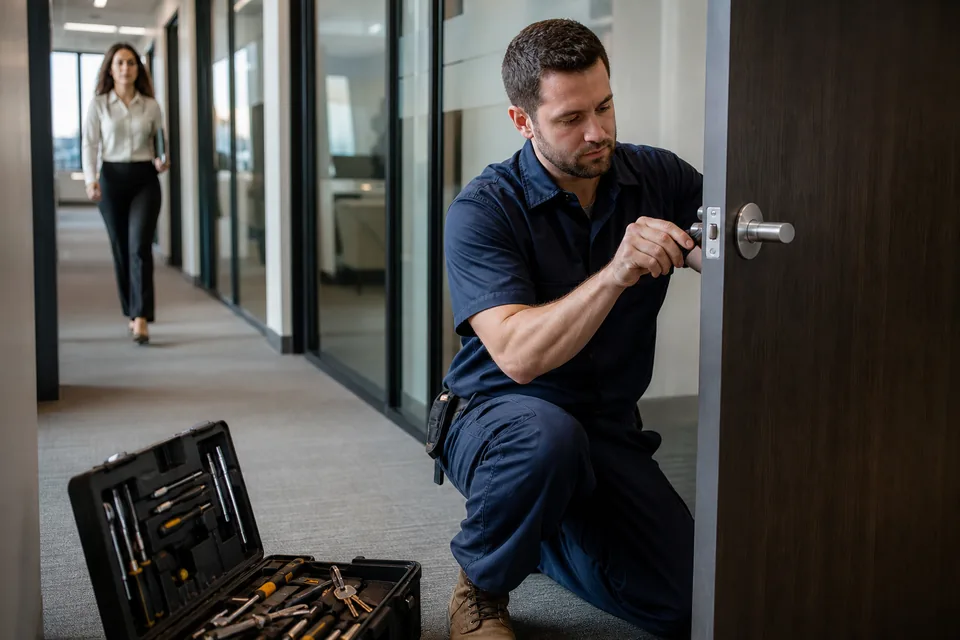 Mobile locksmith rekeying a commercial door lock