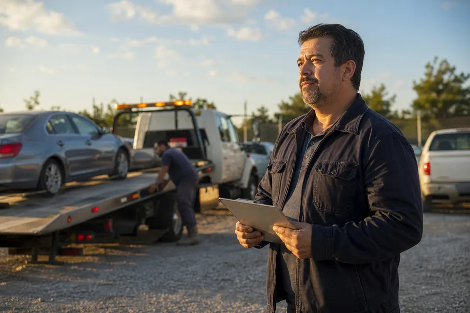 Tow yard owner with a clipboard next to a rollback tow truck